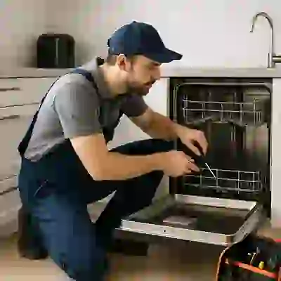 Technician repairing a stainless steel dishwasher in a bright kitchen in Woodland Hills, highlighting professional appliance repair services.